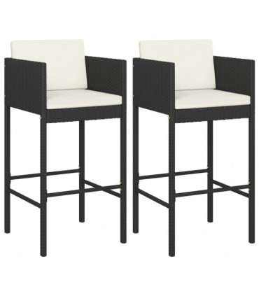 Bar Stools 2 pcs with Cushions Black Poly Rattan