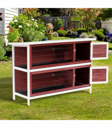 Two-Tier Elevated Wooden Rabbit Hutch Bunny Cage for Small Pet Animals w/ Tray