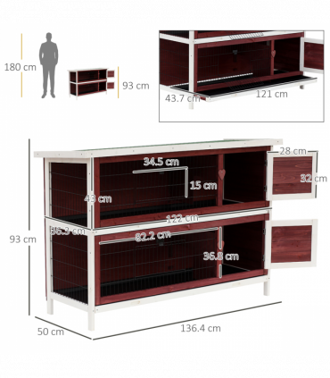 Two-Tier Elevated Wooden Rabbit Hutch Bunny Cage for Small Pet Animals w/ Tray