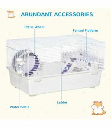 Two-Tier Hamster Cage Gerbil Haven w/Exercise Wheel, Water Bottle, Ladder, White