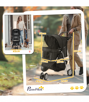 Pet Stroller Pushchair Carrier for Cat Puppy with 3 Wheels Black