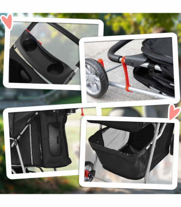 Pet Stroller Pushchair Carrier for Cat Puppy with 3 Wheels Black