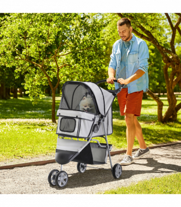 Pet Stroller Pushchair Carrier for Cat Puppy with 3 Wheels Grey Pawhut