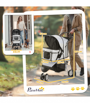 Pet Stroller Pushchair Carrier for Cat Puppy with 3 Wheels Grey Pawhut