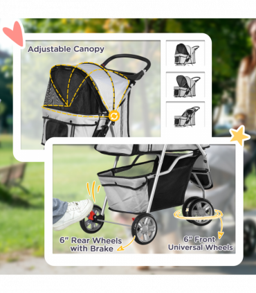 Pet Stroller Pushchair Carrier for Cat Puppy with 3 Wheels Grey Pawhut