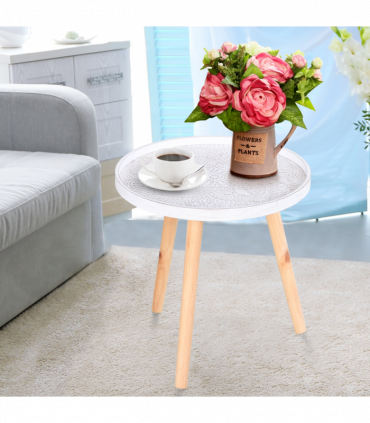 Pine Wood Floral Etched Side Table w/ Saucer Top White