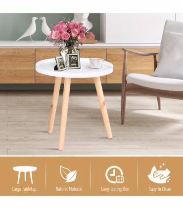 Pine Wood Floral Etched Side Table w/ Saucer Top White