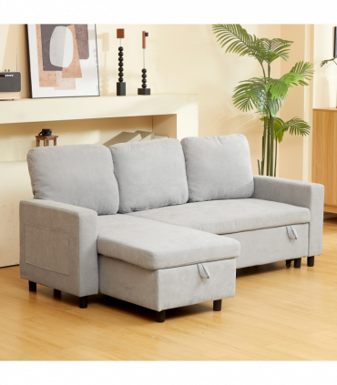 HOMCOM Pull Out Sofa Bed L Shape Corner Sofa w/ Reversible Chaise Light Grey