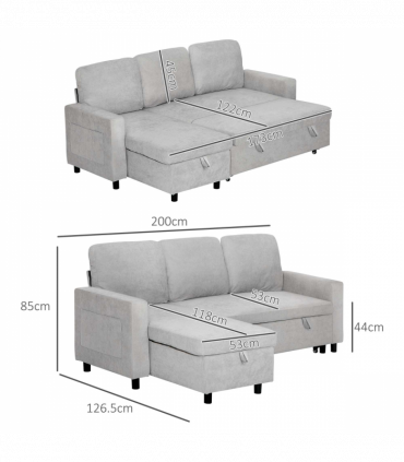 HOMCOM Pull Out Sofa Bed L Shape Corner Sofa w/ Reversible Chaise Light Grey