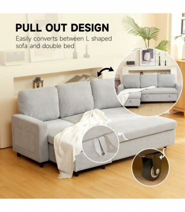 HOMCOM Pull Out Sofa Bed L Shape Corner Sofa w/ Reversible Chaise Light Grey