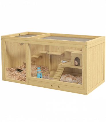 PawHut Wooden Hamster Cage with Water Bottle, Platforms, Openable Roof