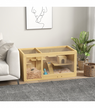 PawHut Wooden Hamster Cage with Water Bottle, Platforms, Openable Roof