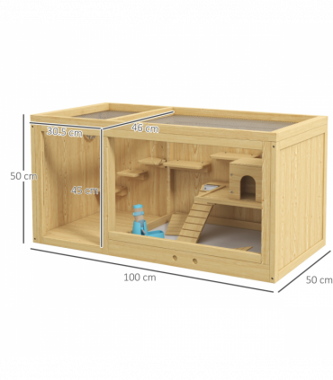 PawHut Wooden Hamster Cage with Water Bottle, Platforms, Openable Roof