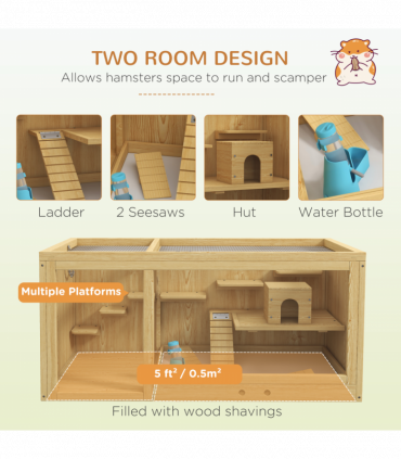 PawHut Wooden Hamster Cage with Water Bottle, Platforms, Openable Roof