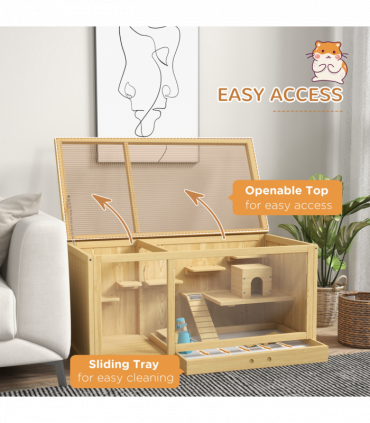 PawHut Wooden Hamster Cage with Water Bottle, Platforms, Openable Roof