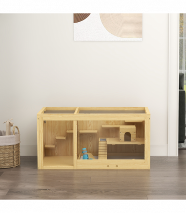 PawHut Wooden Hamster Cage with Water Bottle, Platforms, Openable Roof