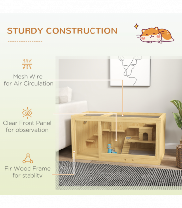 PawHut Wooden Hamster Cage with Water Bottle, Platforms, Openable Roof