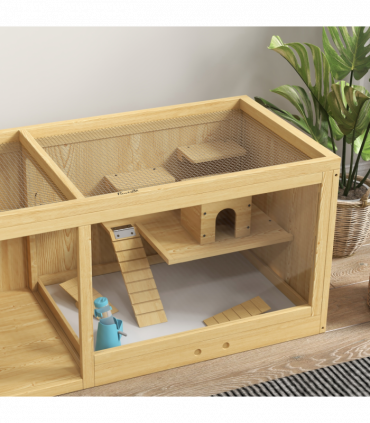 PawHut Wooden Hamster Cage with Water Bottle, Platforms, Openable Roof