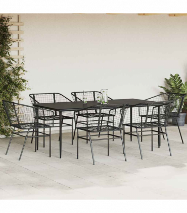 vidaXL 7 Piece Garden Dining Set Black Poly Rattan Glass