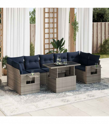 vidaXL 8 Piece Garden Sofa Set with Cushions Black Poly Rattan Acacia