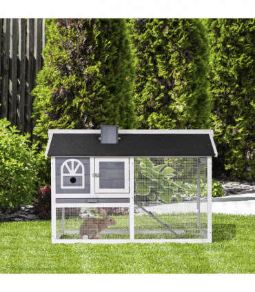 Rabbit Hutch Wood Bunny Cage for Outdoor Indoor w/ Pull Out Tray Run Box Ramp