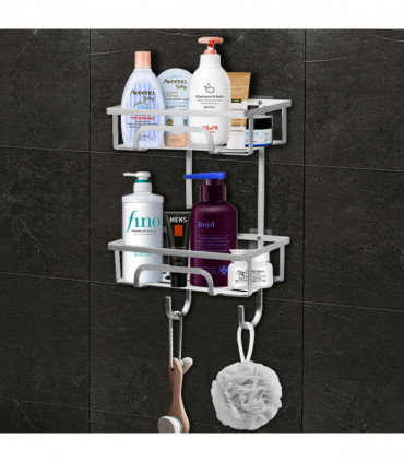 Self Adhesive 2 Tier Aluminium Shower Caddy with Bottom Hooks