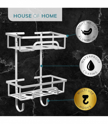 Self Adhesive 2 Tier Aluminium Shower Caddy with Bottom Hooks