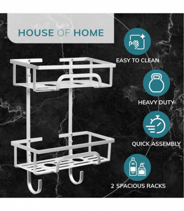 Self Adhesive 2 Tier Aluminium Shower Caddy with Bottom Hooks