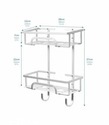 Self Adhesive 2 Tier Aluminium Shower Caddy with Bottom Hooks