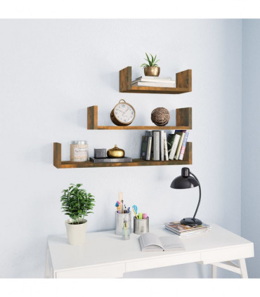 Wall Display Shelves 3 pcs Smoked Oak Engineered Wood