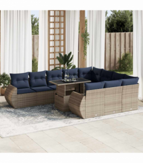 vidaXL 11 Piece Garden Sofa Set with Cushions Grey Poly Rattan Acacia