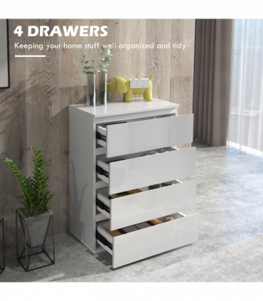 HOMCOM Bedroom Chest of Drawers, High Gloss 4 Drawers Dresser, Drawer Unit