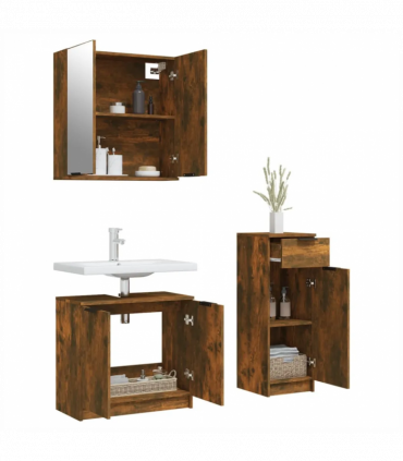 3 Piece Bathroom Cabinet Set Smoked Oak Engineered Wood
