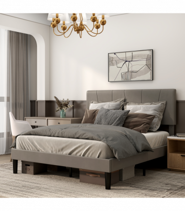 HOMCOM Double Bed Frame with 5-Level Adjustable Headboard Wooden Slats