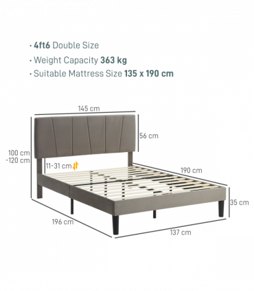 HOMCOM Double Bed Frame with 5-Level Adjustable Headboard Wooden Slats