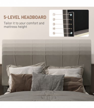 HOMCOM Double Bed Frame with 5-Level Adjustable Headboard Wooden Slats