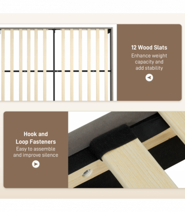 HOMCOM Double Bed Frame with 5-Level Adjustable Headboard Wooden Slats