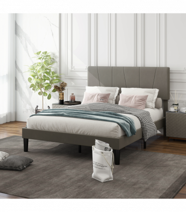 HOMCOM Double Bed Frame with 5-Level Adjustable Headboard Wooden Slats