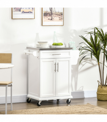 Rolling Kitchen Cart Storage Trolley with Drawer Towel Rail Steel White