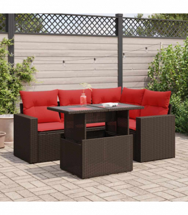 vidaXL 5 Piece Garden Sofa Set with Cushions Brown Poly Rattan Acacia