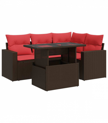 vidaXL 5 Piece Garden Sofa Set with Cushions Brown Poly Rattan Acacia