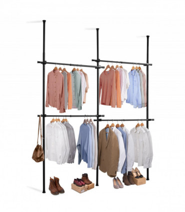 Double Black Telescopic Wardrobe Organiser Hanging Rail Clothes Rack Adjustable Storage Shelving