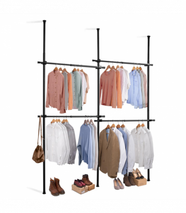 Double Black Telescopic Wardrobe Organiser Hanging Rail Clothes Rack Adjustable Storage Shelving