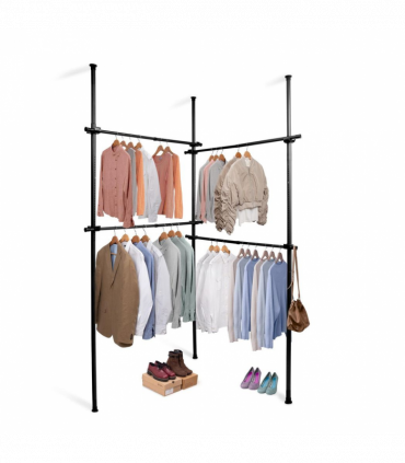 Double Black Telescopic Wardrobe Organiser Hanging Rail Clothes Rack Adjustable Storage Shelving