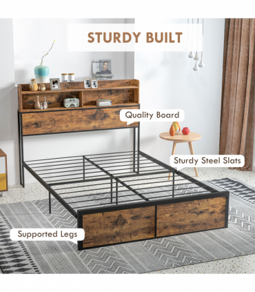 HOMCOM 4.8FT Double Bed Frame with Storage Headboard and Under Bed Storage