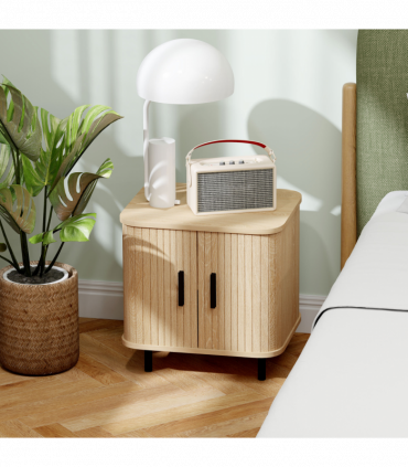 HOMCOM Nightstand with Sliding Doors and Metal Legs for Bedroom Oak Tone