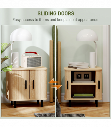 HOMCOM Nightstand with Sliding Doors and Metal Legs for Bedroom Oak Tone