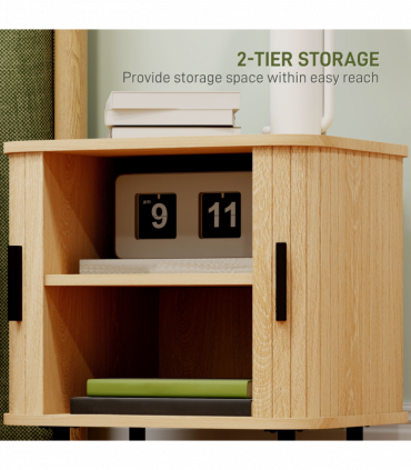 HOMCOM Nightstand with Sliding Doors and Metal Legs for Bedroom Oak Tone