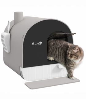 PawHut Cat Litter Box Kitten Litter Tray w/ Lid, Scoop, Filter, Flap Door, Grey