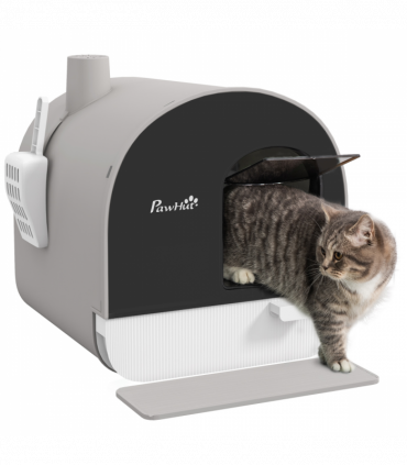 PawHut Cat Litter Box Kitten Litter Tray w/ Lid, Scoop, Filter, Flap Door, Grey